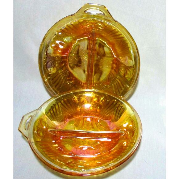 Two Carnival Glass Divided and Footed Relish Trays Handles Opalescent Marigold - Picture 2 of 5